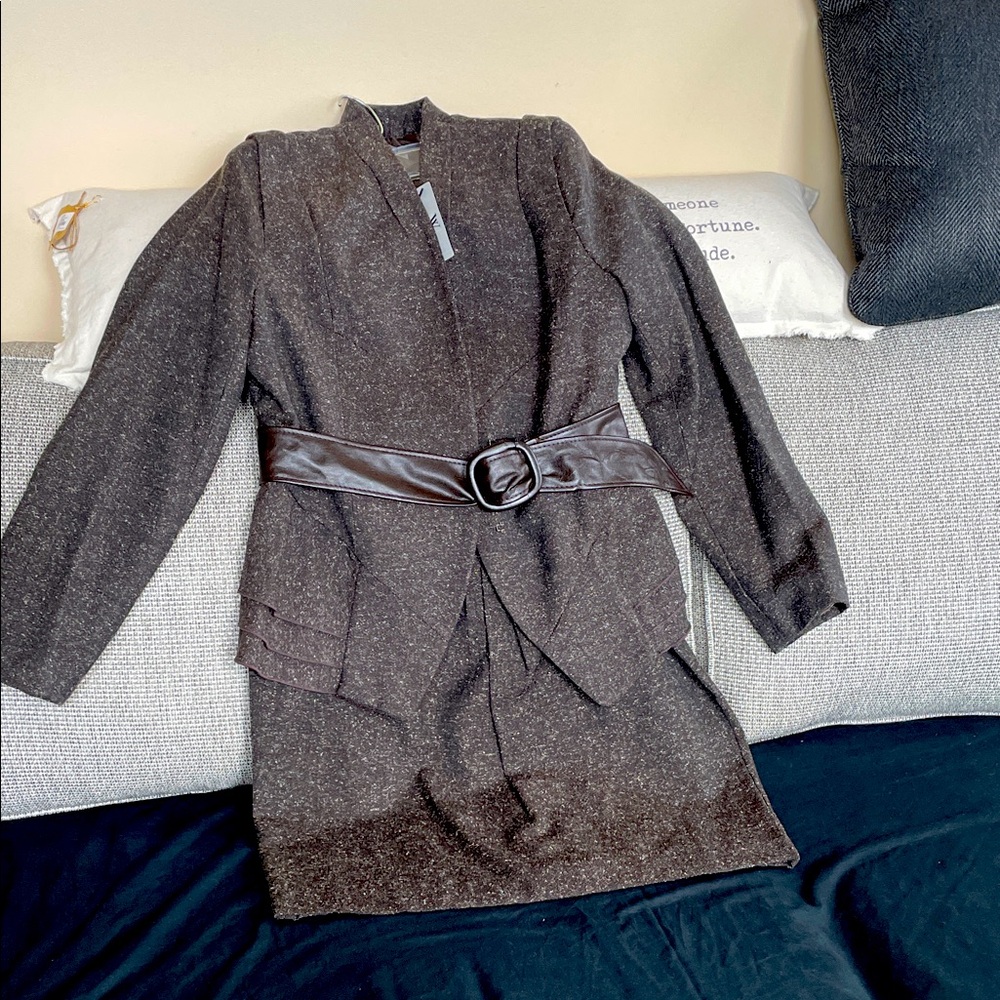 Deep Chocolate Tweed Belted Blazer and skirt.